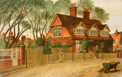 Queen Anne Gardens olhando para o Norte, Bedford Park, Chiswick (cor litho)