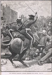 O Massacre de Peterloo com os Hussardos acusando as pessoas, ilustração da "História Ilustrada da Inglaterra" de Cassell, publicada em 1910