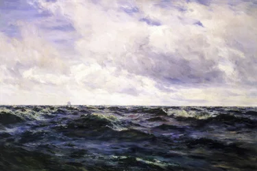 Paisagem marítima, com um sinal de barco à esquerda e um navio de pesca representado a meio de uma corrida à direita, ambos representados a uma grande distância.