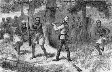 Nativos rebeldes ao longo das margens do rio Gombe, Tanzânia, gravura de How I found Livingstone: travels, adventures and discovereries in Central Africa, de Henry Morton Stanley(1841-1904), Sampson Low, Marston, Low and Searle edition, Londres