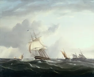 Uma fragata, um barco a vapor e uma embarcação holandesa nas colinas (óleo)