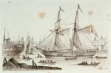 Esboços de navios desenhados e gravados por Henry Moses: cascos em Sheerness