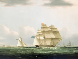 O iate "Royal Sovereign" com a Duquesa de Clarence a bordo, saindo de Portsmouth para ver a esquadra russa ancorada em Spithead, 8 de agosto de 1827, c.1830 (óleo sobre tela, moldura)