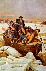 George Washington atravessa o rio Delaware, 25 de Dezembro de 1776. Um episódio da Guerra da Independência Americana de 1775-1783, quando George Washington (1732-1799) era comandante-chefe do exército americano. Ilustração, c. 1912.