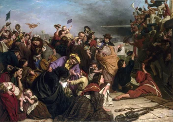 Despedida de imigrantes, numa doca do Tamisa (Inglaterra), descrição de grupos de pessoas de todas as idades e classes sociais, bem como dos marinheiros com camisas vermelhas e azuis no barco acenando à multidão