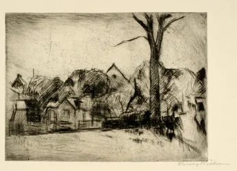 Paisagem com árvore alta e casas