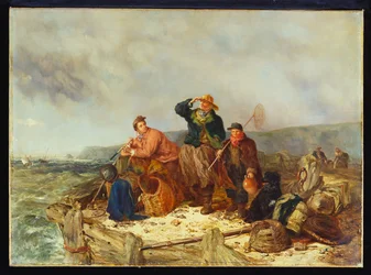 Pescadores em um cais durante uma tempestade