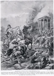 O ataque de Boadicea a Camulodunum, ilustração da "História das Nações de Hutchinson", c.1910