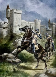 O cerco de Châlus, ilustração de «História da Nação Britânica de Hutchinson», c. 1920 (coloração posterior)