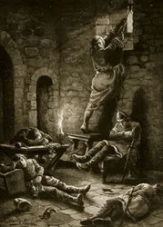 A fuga de Ralph Flambard da Torre de Londres, ilustração de «História da Nação Britânica de Hutchinson», cerca de 1920