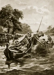 Inclinação na água, ilustração da "História da nação britânica" de Hutchinson, c.1920
