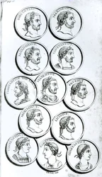 Retratos dos Imperadores Romanos, de "A História do Declínio e Queda do Império Romano", Vol. II, pág. 50, de Edward Gibbon, 1808