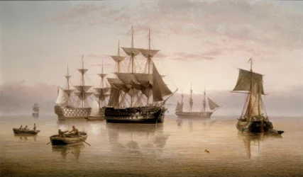 Menof-War e outros navios ancorados em uma calma