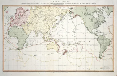 Uma carta geral que mostra as descobertas feitas pelo capitão James Cook nesta e nas duas viagens anteriores, com os rastos dos navios sob o seu comando. Pelo Tenente Roberts da Marinha de Sua Majestade