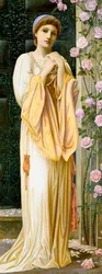 "A Fair Maid" Jovem mulher vestida em estilo antigo, com colar de pérolas. Pintura de Henry Ryland (1856-1924) (pré-rafaelita) 1901 Coleção particular