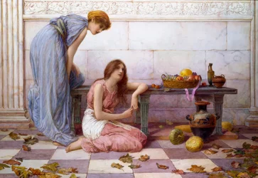 "Flores e Frutos" Mulheres drapeadas com expressões melancólicas no pátio de uma villa antiga. Pintura de Henry Ryland (1856-1924)