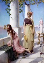 "Mulheres jovens perscrutando o horizonte a partir do seu terraço em estilo antigo. Pintura de Henry Ryland (1856-1924) 1910 Coleção particular