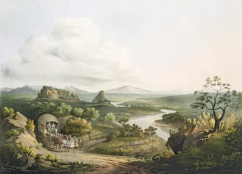 Vista perto do passo de Roode Sand no Cabo da Boa Esperança, gravada por J. Bluck (activo 1791-1831), 1809