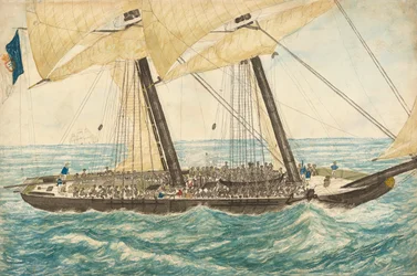 O escravizador português Diligenté capturado por H.M. Saveiro Pearl com 600 escravos a bordo, maio de 1838.