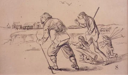 Golfistas fora para praticar na praia, ilustração da revista 