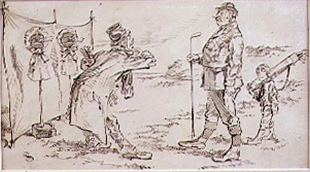 O jogador de golfe que está sendo perturbado pelo vendedor, ilustração à revista gráfica, bar. c, 1870