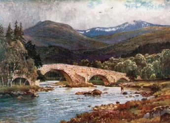 Old Mar Bridge e Lochnagar, Aberdeenshire (litografia a cores)