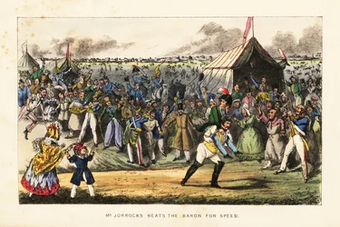 Cavalheiros ingleses apostando em uma corrida a pé incomum durante uma corrida de cavalos nos Champs de Mars, Paris