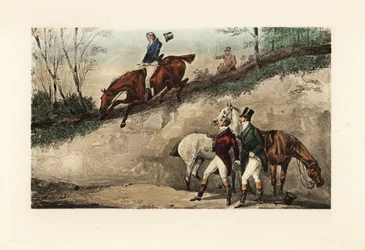 Cavalheiro inglês a cavalo a dar um salto de um embandeiramento íngreme