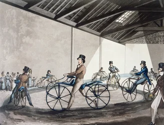 Escola de equitação de pedestres Hobbyhorse de Johnson, 1819 (cor litho)