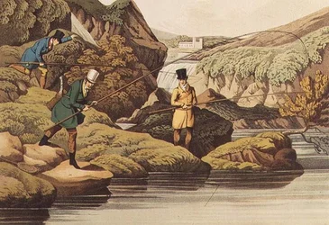 Pesca de salmão, auqatinted por I. CLark, pub. por Thomas McLean, 1820 (aquatinta)