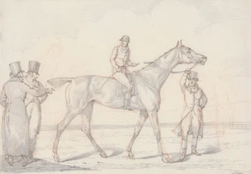 «Scraps», n.º 15: cavalo de corrida com jóquei montado, dois homens discutem o cavalo
