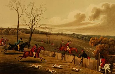 Stag Hunting, aquatinted bt I. Clark, pub. por Thomas McLean