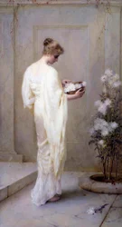 "Divinely Fair" Jovem mulher vestida de branco e segurando flores, simbolizando a pureza. Pintura de Henry Thomas Schaefer (1845-1915) 1893 (pré-rafaelita) Coleção particular