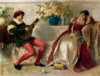 "Um jovem músico a tocar para uma senhora, ricamente vestida de veludo, com um leque de penas de pavão na mão, apoiada numa pele de gula. Pintura de Henry Thomas Schaefer (1845-1915) 1877 Coleção particular
