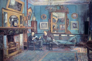 Dante Gabriel Rossetti lendo poema para Theodore Watts-Dunton na sala de estar de Henry Treffry Dunn (1838-1899)