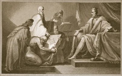 Doomsday Book apresentado a William I, gravado por J. Fittler, ilustração de David Hume "The History of England", pub. por R. Bowyer, Londres, 1812