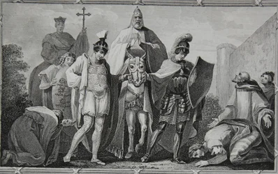 Henry e Lewis conduzindo o papa ao castelo de Torci, gravado por Saunders, ilustração da "História da Inglaterra" de David Hume, pub. por R. Bowyer, Londres, 1812