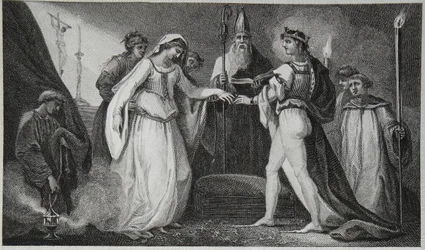Casamento de Henrique, o Primeiro, gravado por Delatre, ilustração de David Hume "A História da Inglaterra", pub. por R. Bowyer, Londres, 1812