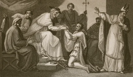 Submissão de John, gravada por Delatre, ilustração de "The History of England", de David Hume, pub. por R. Bowyer, Londres, 1812
