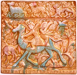 Azulejo persa lustroso: um arqueiro sassânida montado, século XIX.