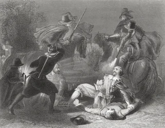 O assassinato de Lord Kilwarden pelos rebeldes de Robert Emmet em Dublin, Irlanda, em 1803, de "The History of Ireland", de Thomas Wright, publicado em c.1854