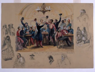 Cena no Café du Commerce Valetta, "Morrendo pela Pátria", Malta, 1854 (wc e lápis sobre papel)