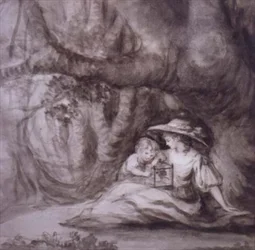 Mulher sentada e criança com um pássaro engaiolado, (desenho)