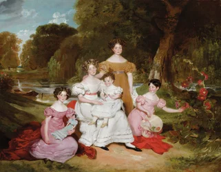 Retrato de grupo da família Ward Hunt numa paisagem diante de um rio