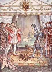 Bayard apresentou a Henry VIII, ilustração de "Bayard: O Bom Cavaleiro Sem Medo e Sem Reprovação", de Christopher Hare, pub. 1911