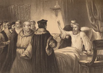 Wycliffe em seu leito de doente assaltado pelos frades, 1886