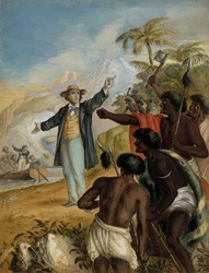 Um missionário escocês que chega à terra confrontado por Maoris em guerra, 1868