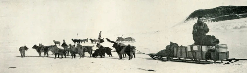 Meares e Demetri com suas equipes de cães saindo de Hut Point, c1911, 1913