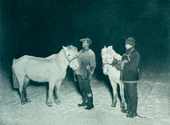 Oficiais mesquinhos Crean e Evans exercitando seus pôneis no inverno, 1911, 1913