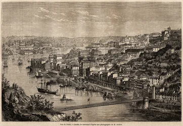 Vista do Porto, desenho de Catenacci, para ilustrar a viagem de Olivier Merson às províncias do norte de Portugal em 1857. Gravura em "Le tour du monde" 1861. Colecção da Selva.